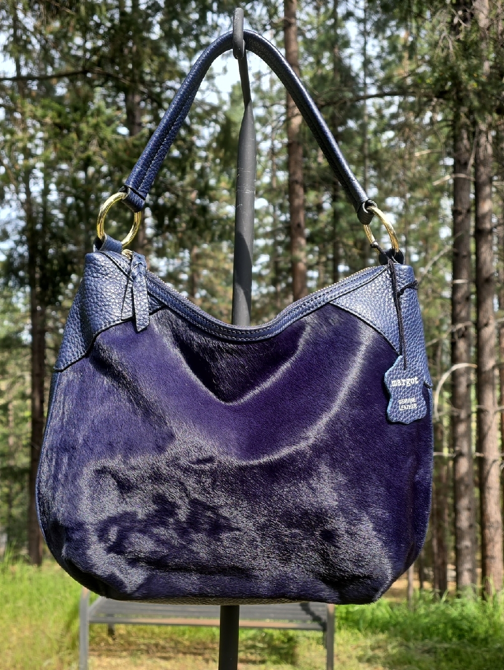 Margot Navy Blue Calf Hair Leather Hobo Shoulder Bag NWT